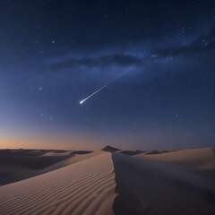 A mesmerizing desert landscape at dusk, featuring soft sand dunes under a vibrant night sky. A brilliant meteor streaks across, complementing the Milky Way's stunning backdrop.
