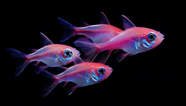 Four pink glofish swim together against a black background