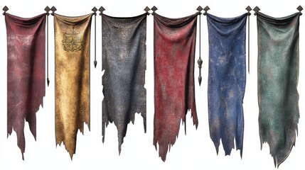 A set of icons for games. A mock-up of a medieval flag. Pennants with ragged edges. Isolated on a white background