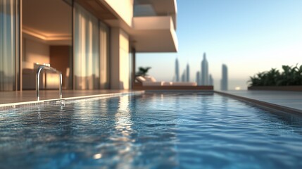 A swimming pool with the skyline of dubai. Terrace and pool with views of the terrace. A city with skyscrapers and a city in the united arab emirates. A pool overlooking lifestyle the dubai skyline.