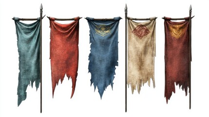 A set of icons for games. A mock-up of a medieval flag. Pennants with ragged edges. Isolated on a white background