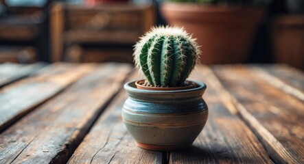 Cactus in a ceramic pot placed on a wooden table with blurred rustic background and natural light