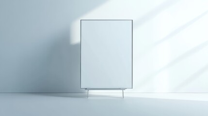 Minimalist empty easel against a light blue wall in a sunlit room