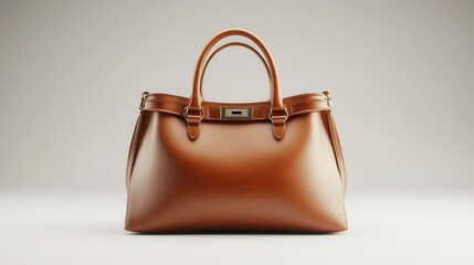 Elegant brown leather handbag with dual handles on minimalist gray background