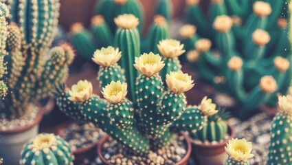 Cacti with flowering yellow blooms in various pots arranged in a garden setting during daylight.