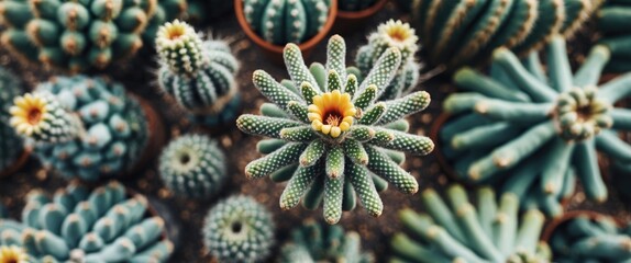 Fototapeta premium Top view of various cacti with distinctive shapes and a yellow flower in the center against a natural background.