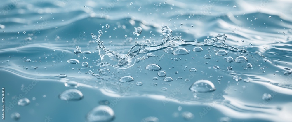 Poster water surface with splashes and bubbles in a blue liquid environment creating dynamic patterns and r