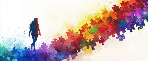 A person walking on a colorful puzzle path symbolizing creativity, self-discovery, and problem-solving, with vibrant rainbow colors blending into a metaphor for personal growth.