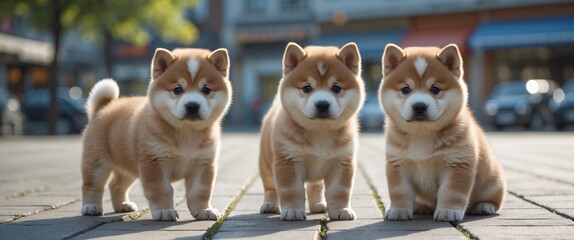 Three cute Shiba Inu puppies standing on a sidewalk in a playful outdoor setting with urban background.