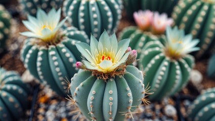 Fototapeta premium Cacti with vibrant flowers in a desert garden setting displaying green spines and unique shapes against a blurred background