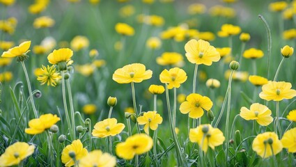 Fototapeta premium Vibrant yellow wildflowers blooming in a green meadow during springtime with soft focus on petals and lush foliage