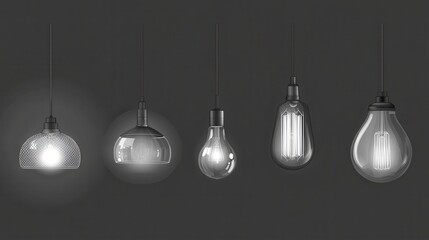 Collection of modern hanging glass pendant lights on dark background