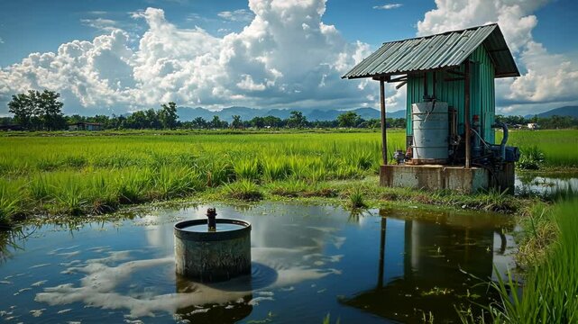 Tranquil rural landscape featuring a water pump near lush rice fields