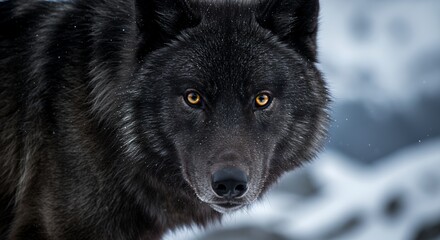 Captivating Black Wolf Stares Intensely in Winter Wilderness Portrait