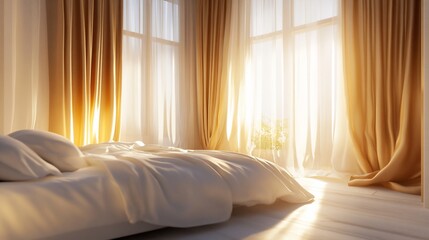 Sunlit bedroom with gold curtains, white bedding, and wooden floor.