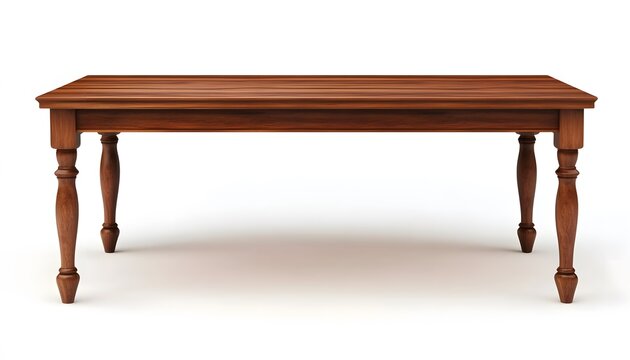 Rectangular wooden table with decorative legs on a white background