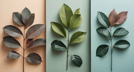 Various types of leaves arranged in color blocks on different backgrounds showcasing foliage variations and textures