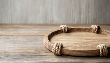 Obraz premium Blank wooden sign. Wooden serving tray with rope handles on a rustic wooden surface.