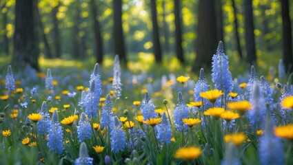 Obraz premium Colorful wildflower meadow in a forest with yellow and blue blossoms and soft sunlight filtering through trees