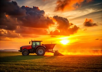 Fototapeta premium Silhouette of Tractor Spreading Fertilizer at Sunset - Agricultural Farming Scene