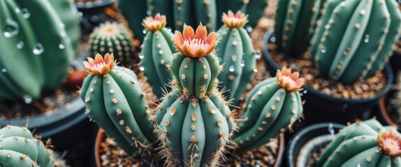 Colorful flowering cacti in pots with water droplets on spiky surface captured in close-up detail indoors