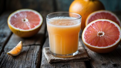 Freshly squeezed grapefruit juice in a glass surrounded by whole grapefruits and grapefruit halves on a rustic wooden table