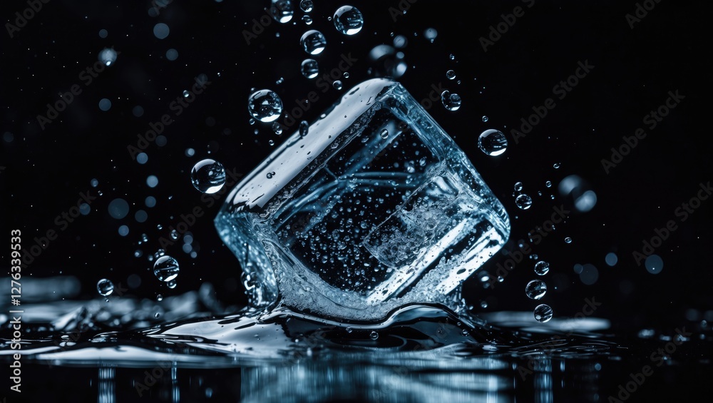 Poster ice cube splashing into water creating bubbles and ripples on a dark background