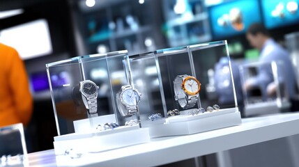 Showcase of luxury watches retail store product display modern environment close-up view elegance and sophistication