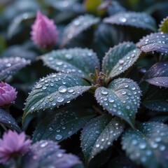 Dark teal leaves, Water droplets, Dew-covered foliage, Pink flower buds, Macro photography, Moody atmosphere, Botanical garden, Soft focus, Misty morning, Delicate petals, Lush greenery,