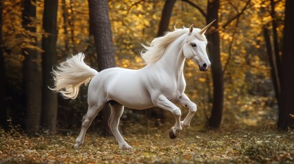 Majestic white unicorn galloping through enchanting autumn forest