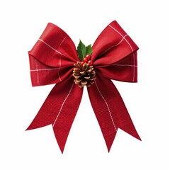 Festive Red Ribbon Bow with Pine Cone and Holly Berries Holiday Decoration Still Life