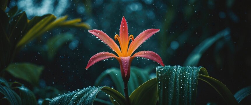 Vibrant red flower with raindrops on leaves in a dark green environment with blurred background and soft lighting efekts