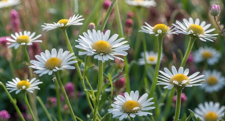 Fototapeta premium Close-up view of white daisies with yellow centers surrounded by green foliage and pink flowers in a natural setting