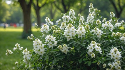 White flowering shrubs in a park setting with blurred greenery in the background during daylight.
