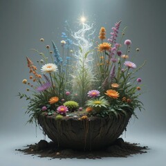 Magical garden bowl, vibrant wildflowers, glowing dandelion seed, ethereal light, fantasy terrarium, diverse flora, dark soil, illuminated plants, whimsical botanical arrangement