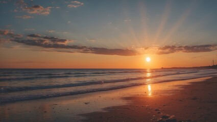 Naklejka premium sunset over calm ocean waves with golden beach reflecting sunlight and clouds in the sky during twilight hours