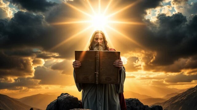 Moses, with a long white beard and ancient robes, stands on a rocky mountain at sunset, holding two stone tablets. The golden sunlight highlights the dramatic and spiritual atmosphere.