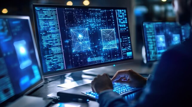 Analyzing data patterns tech workspace digital screens modern office close-up data visualization insights