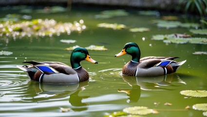 Obraz premium Male mallard ducks swimming in a tranquil pond surrounded by water lilies and greenery in a natural setting.