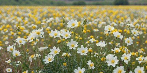 Field of white and yellow wildflowers in bloom during daytime with greenery in the background under natural lighting conditions