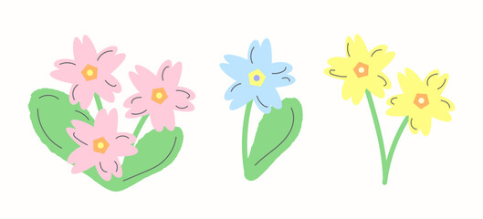 Decorative vector primrose in pink, yellow, and blue pastel shades isolated on a light background. Decorative spring floral clipart 