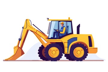 Fototapeta premium Construction Worker Operating Yellow Excavator Heavy Machinery Digger Earthmoving Equipment