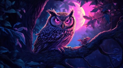 Majestic owl perched on tree branch at night under full moon with glowing eyes and lush foliage