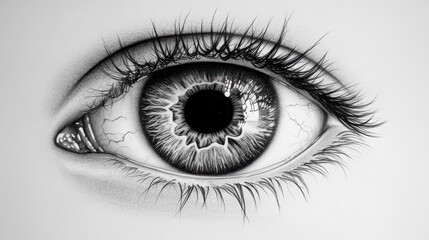 Detailed black and white drawing of a realistic human eye with intricate patterns