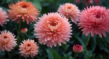 Pink pom-pom chrysanthemums in a garden setting with lush green leaves and additional budding flowers.