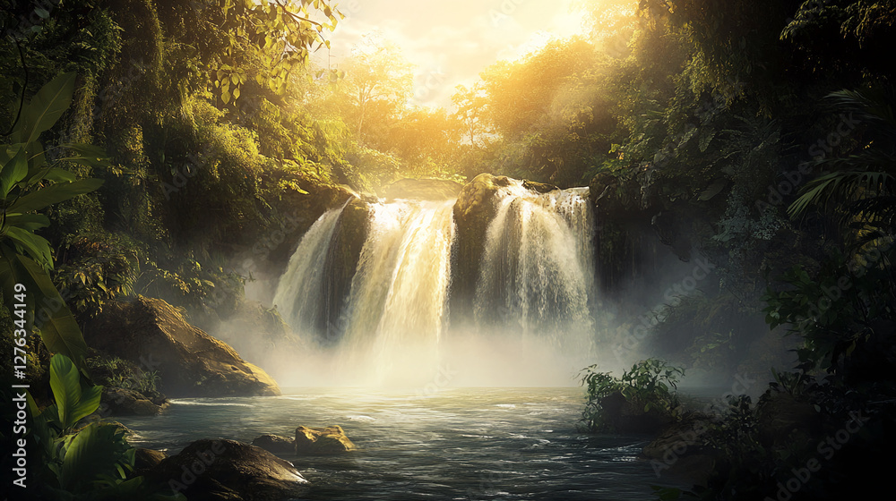 Poster a tranquil scene of a cascading waterfall surrounded by lush greenery and mist, bathed in soft sunli