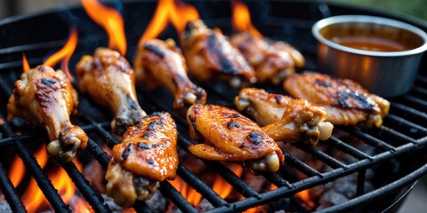 Grilled chicken wings over fire with flames and barbecue sauce in a bowl on a barbecue grill outdoors