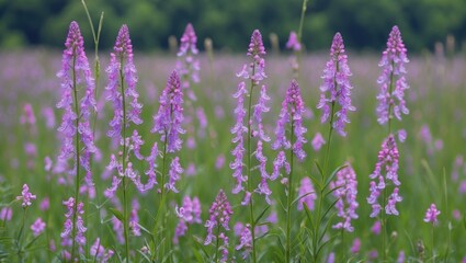 Obraz premium Field of pink and purple wildflowers with blurred green background in soft natural light during spring or summer season