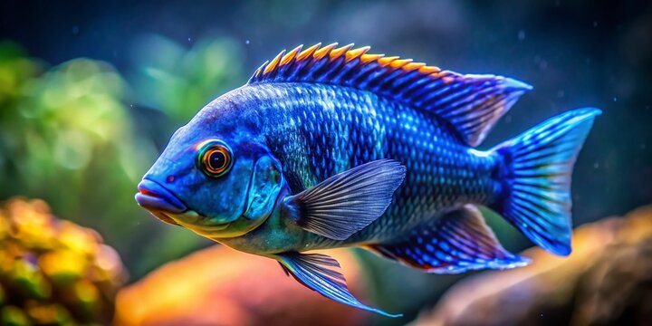 Stunning Blue Uaru Fish in Aquarium, Bokeh Background - Triangle Cichlid