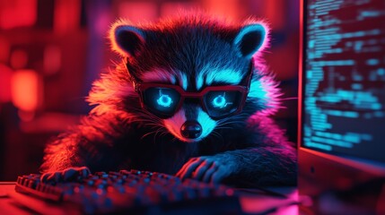 A cyberpunk-style raccoon wearing futuristic glasses and hacking into a computer.